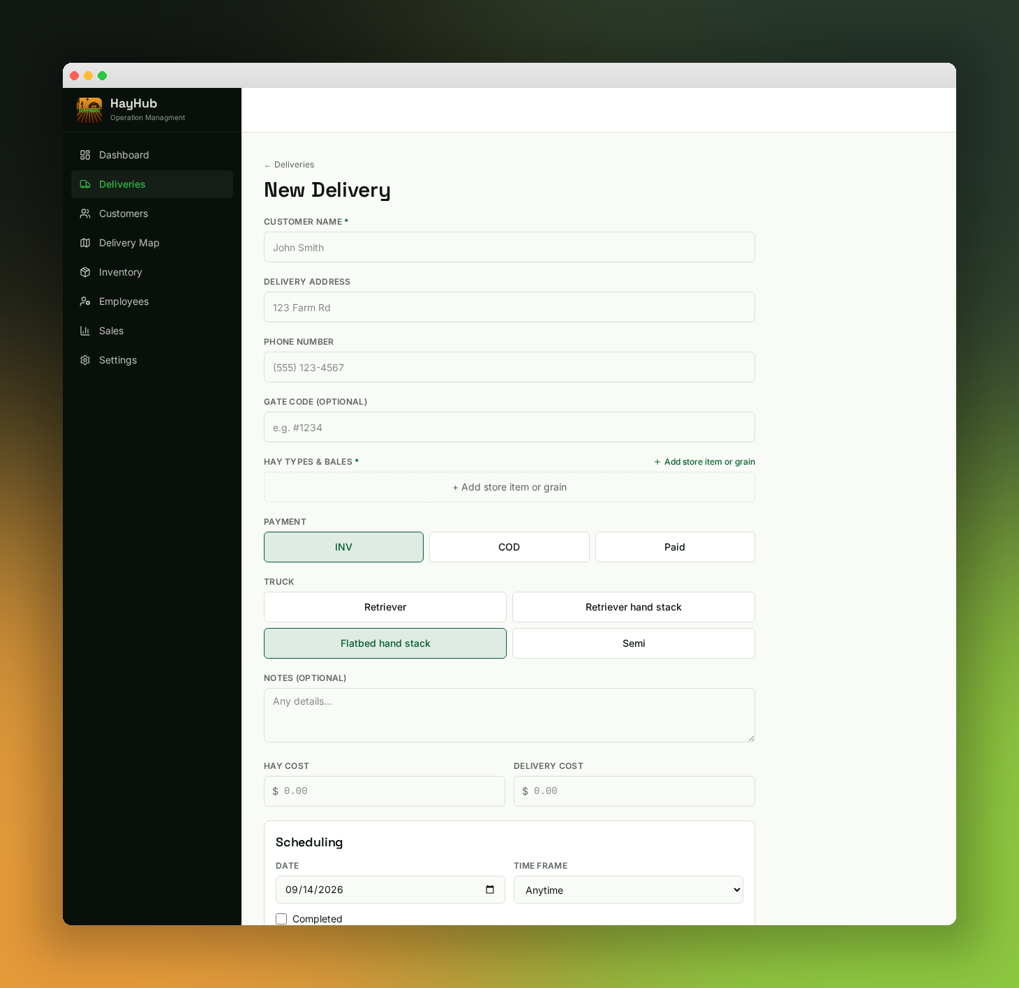 HayHub new delivery form with customer name, address, phone, gate code, hay types and bales, payment type, truck choice, notes, costs and scheduling.
