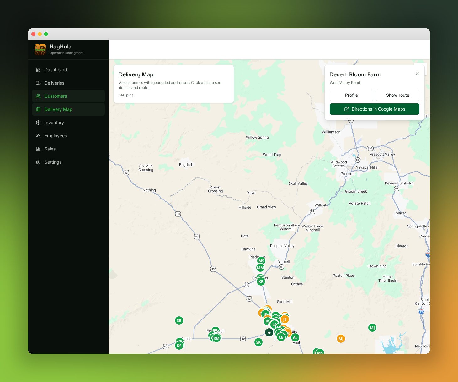 HayHub delivery map showing customer markers across an Arizona service area with route controls for a customer.