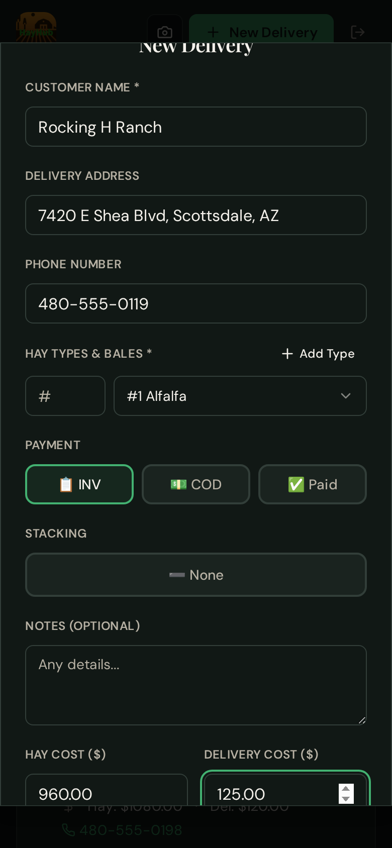 HayHub Delivery Tracker new delivery screen with customer, address, phone, hay type, payment, stacking, notes and cost fields.