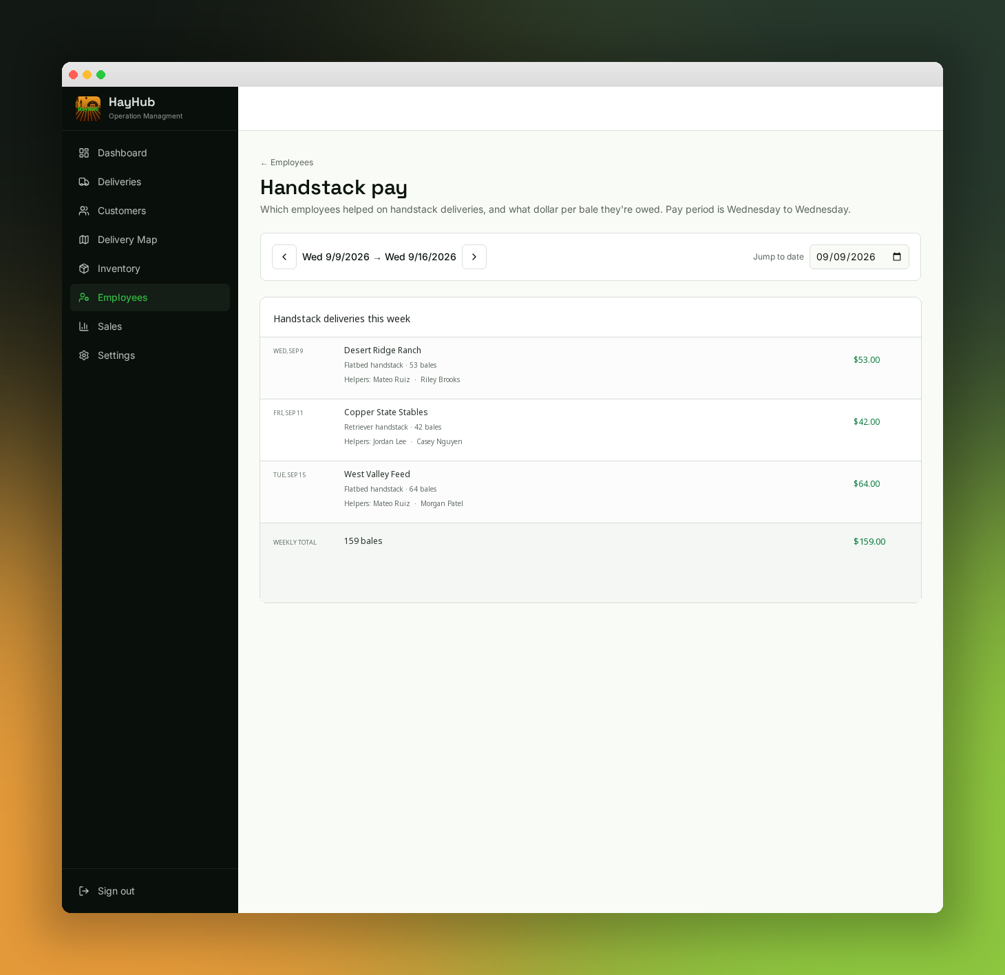 HayHub handstack pay screen showing fictional weekly deliveries, assigned helpers, bale totals and calculated pay.