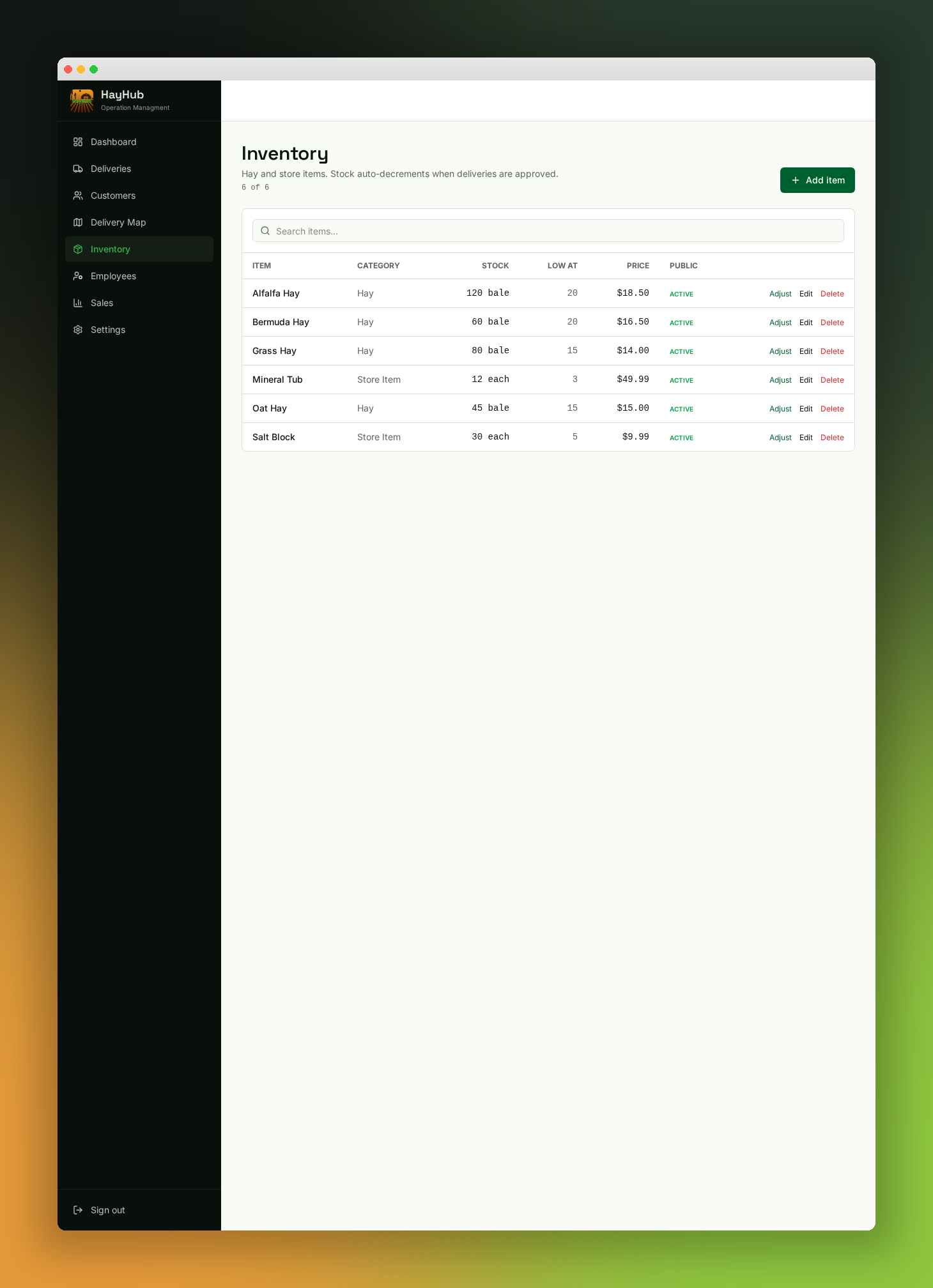 HayHub inventory screen listing hay and store items with stock counts, low-stock thresholds, prices and public availability.