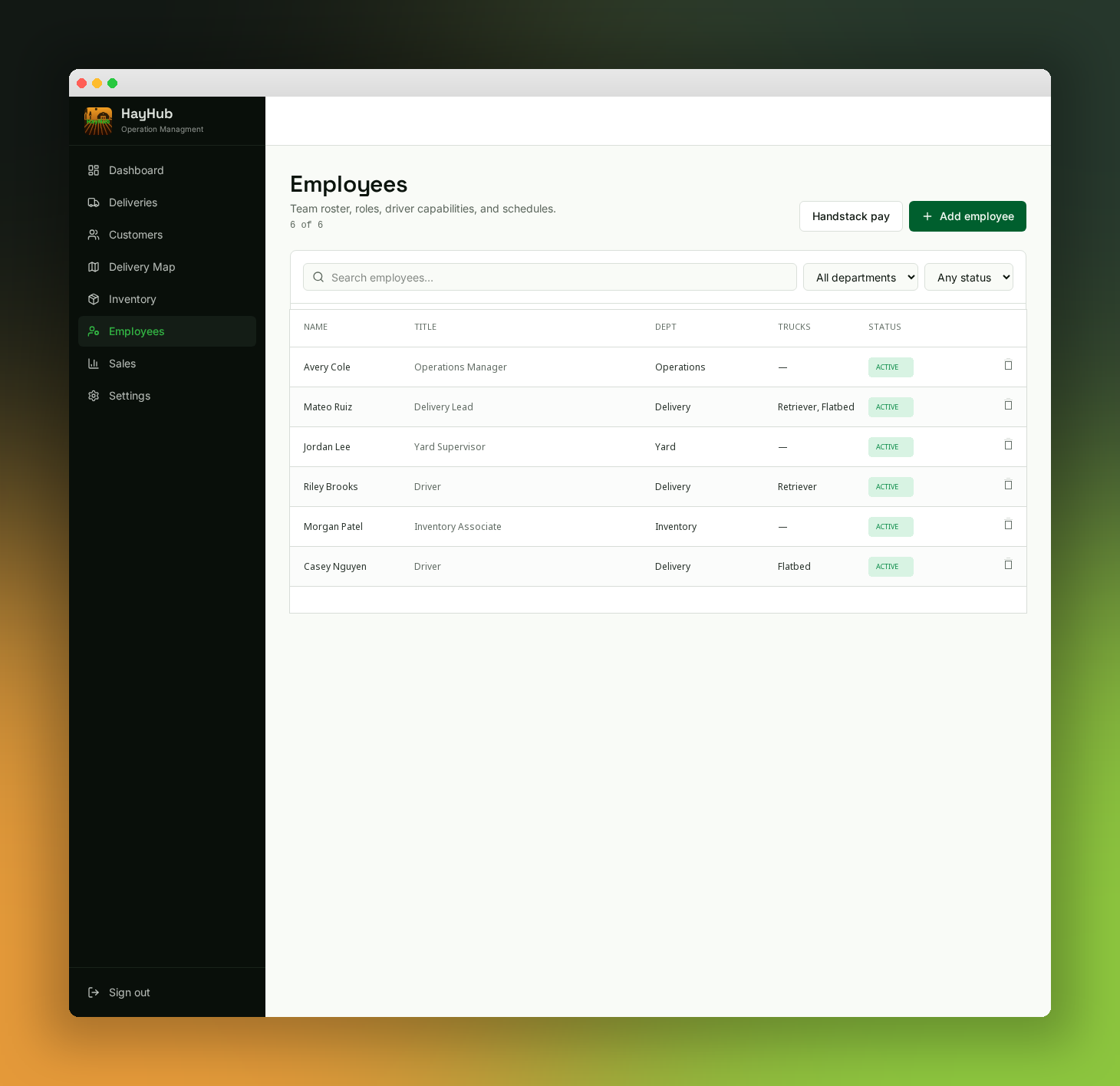 HayHub employees screen showing a fictional demo team with professional roles, departments, truck assignments and active status.
