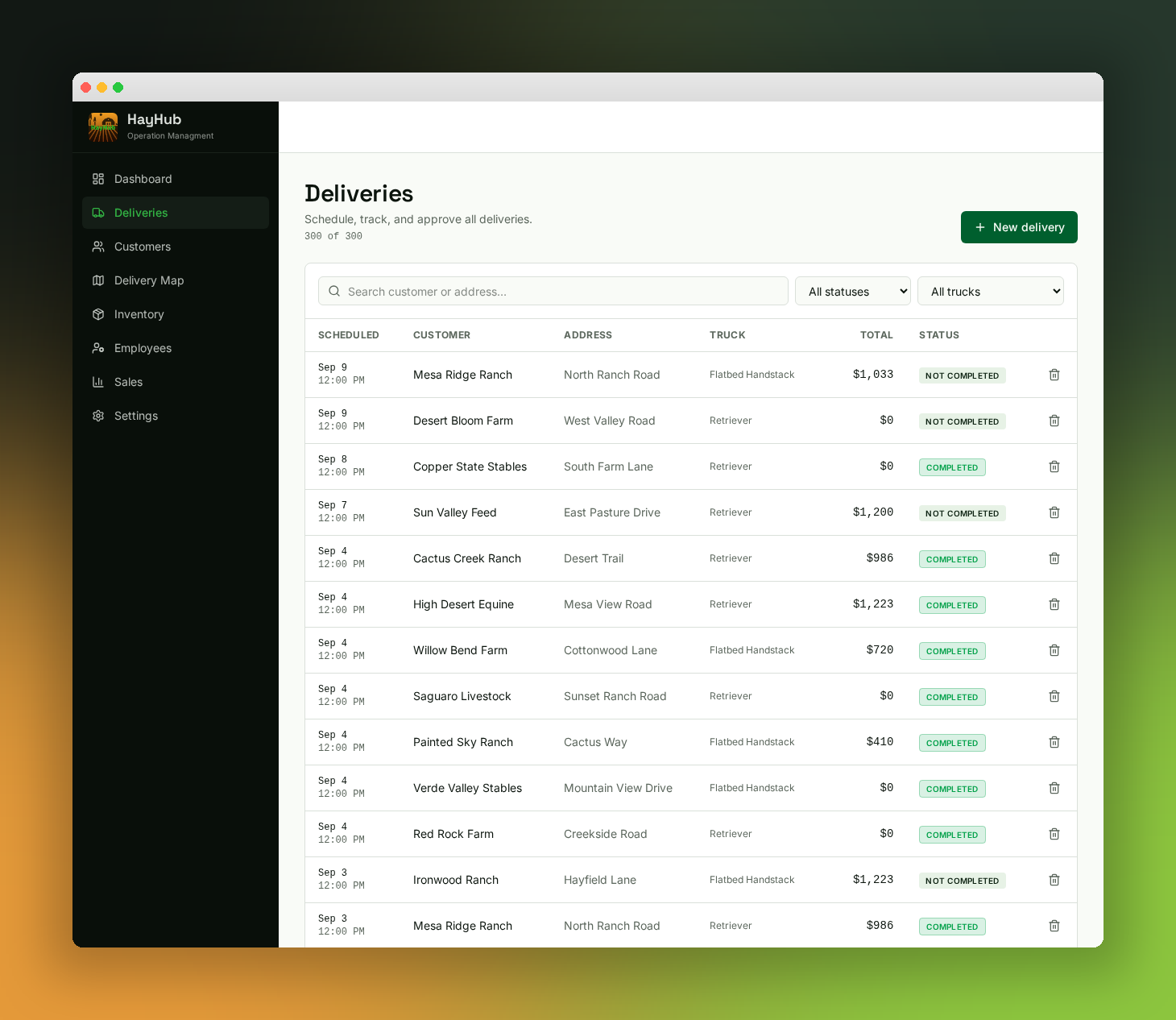 HayHub deliveries list with scheduled dates, customers, addresses, truck types, totals and completion status, plus status and truck filters.